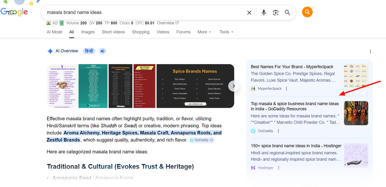 GoDaddy cited in Google AI Overview for 'masala brand name ideas'